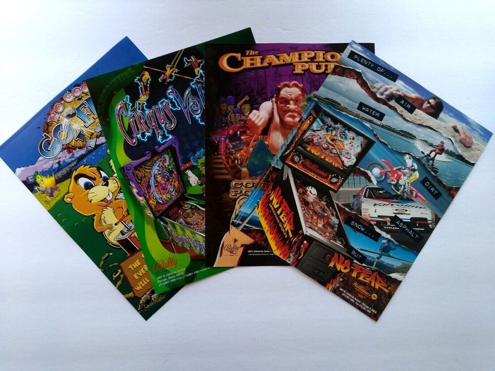 Pinball FLYERS Lot Of 4 No Fear Champion Pub Cirqus Voltaire No Good Gofers Orig
